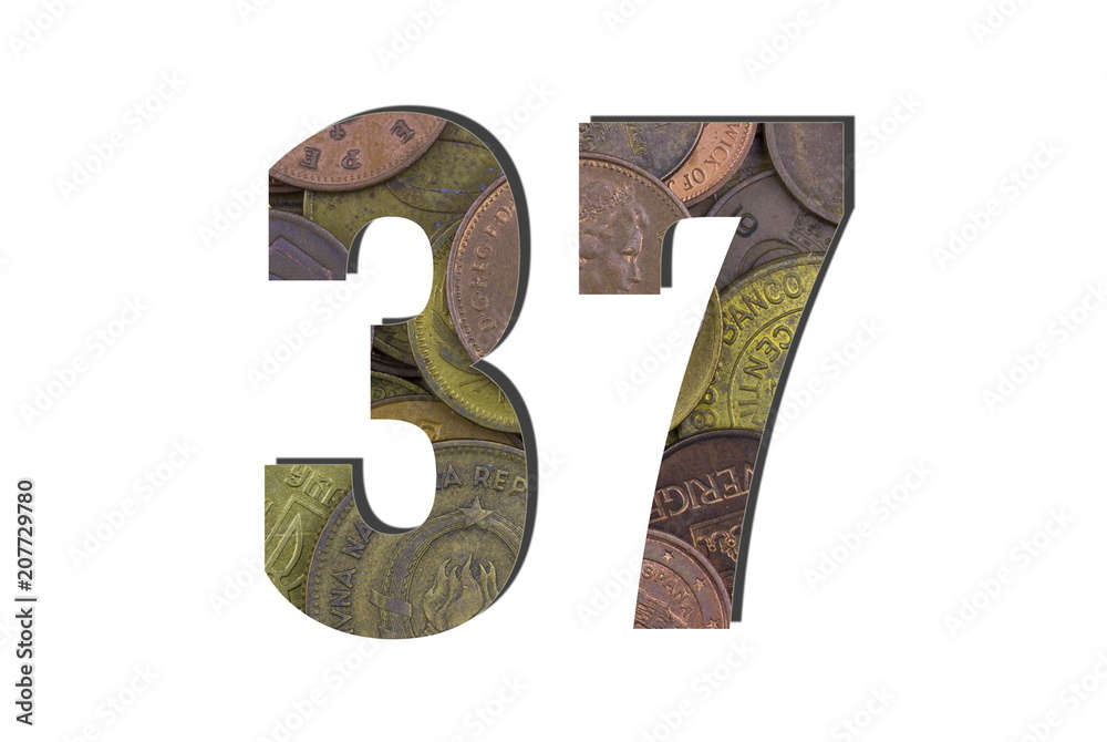 37 Number. Different worlds coins texture. Percent and Discount theme. White isolated 37 Number. Different worlds coins texture. Percent and Discount theme. White isolated