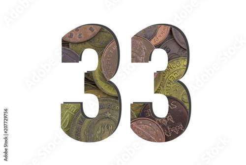 33 Number. Different worlds coins texture. Percent and Discount theme. White isolated