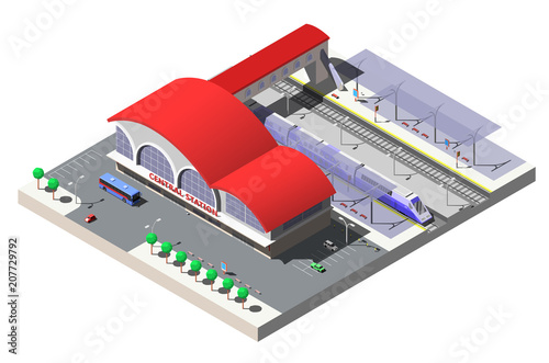 Railway station building, platforms and train. Vector isometric illustration