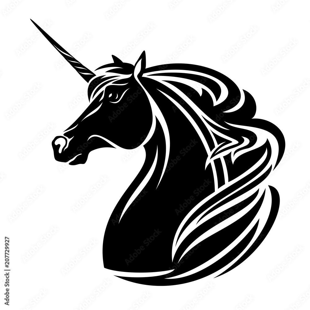 jednorożec projekt głowy konia - czarno-biały magiczny wektor zwierzę portret <span>plik: #207729927 | autor: Cattallina</span>