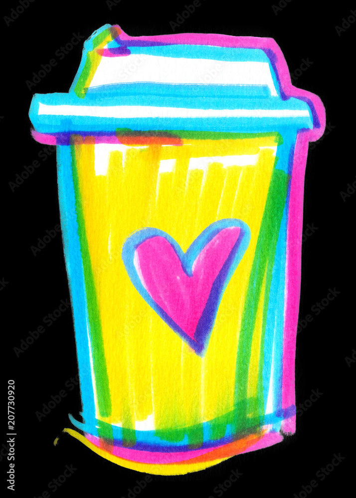 Illustration of a big bright yellow takeaway tumbler with a bright pink heart painted in bright neon felt tip pen on clean black background