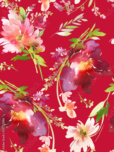 Seamless summer pattern with watercolor flowers handmade.