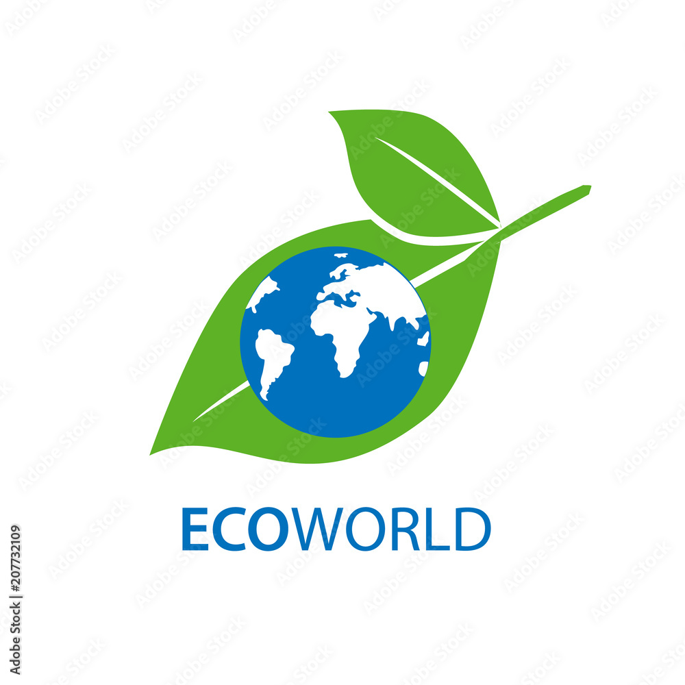 Globe on a green leaf. Symbol of ecology and caring for nature. Planet and eco symbol or icon. Natural, organic logotype design template. Text ECO world. Globe on a green leaf. Symbol of ecology and caring for nature. Planet and eco symbol or icon. Natural, organic logotype design template. Text ECO world.