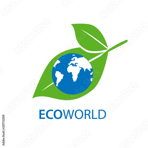 Globe on a green leaf. Symbol of ecology and caring for nature. Planet and eco symbol or icon. Natural, organic logotype design template. Text ECO world. 