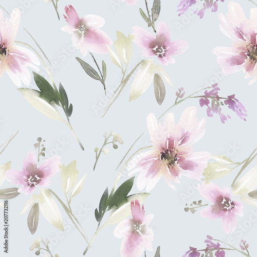 Seamless summer pattern with watercolor flowers handmade.