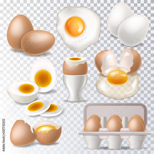 Egg vector healthy food eggwhite or yolk in egg-cup for breakfast illustration set of eggshell or egg shaped ingredients isolated on white background