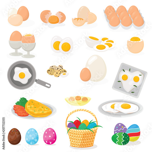 Egg vector easter food and healthy eggwhite or yolk in egg-cup or cooking omelette in frying pan for breakfast illustration set of eggshell or egg shaped ingredients isolated on white background