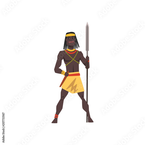 Black native man of African tribe weraing loincloth standing with spear, tribal member in traditional clothing vector Illustration on a white background