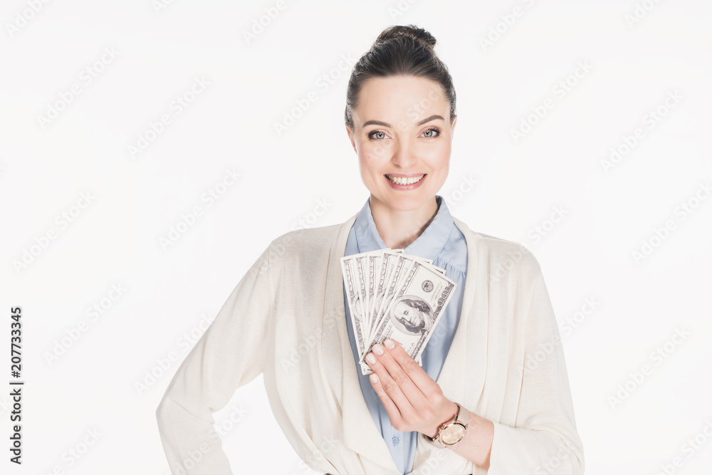 portrait of smiling woman holding dollar banknotes in hand isolated on white portrait of smiling woman holding dollar banknotes in hand isolated on white