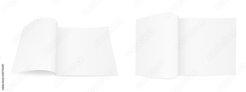 A set of two realistic vector images (layout, mock-up) of an open brochure (magazine, booklet, notebook), a perspective view and a top view. The image is created using a gradient mesh. Vector EPS 10. A set of two realistic vector images (layout, mock-up) of an open brochure (magazine, booklet, notebook), a perspective view and a top view. The image is created using a gradient mesh. Vector EPS 10.