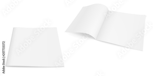 Set of two realistic vector images (layout, mock-up) of a booklet (magazine, brochure): closed and open booklet: a perspective view. The image is created using a gradient mesh. Vector EPS 10.