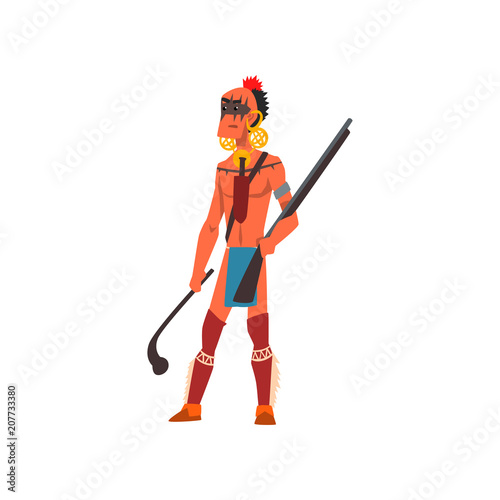 Native American Indian warrior with weapon, tribe member in traditional clothing vector Illustration on a white background