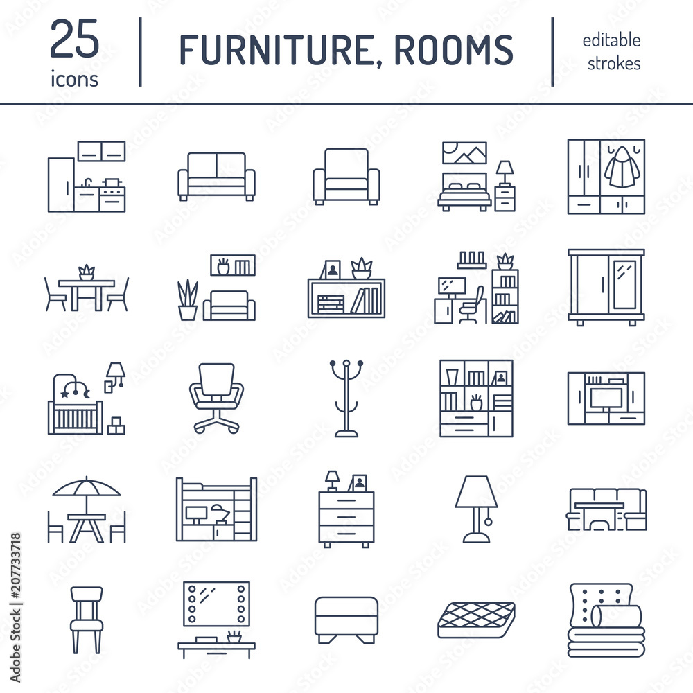 Furniture vector flat line icons. Living room tv stand, bedroom, home ...