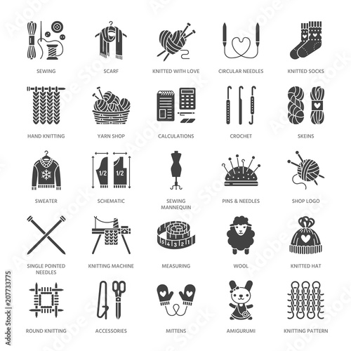 Knitting, crochet, hand made flat glyph icons set. Needle, hook scarf, socks, pattern, wool skeins, DIY equipment. Signs, logo for yarn or tailor store. Solid silhouette pixel perfect 128x128.