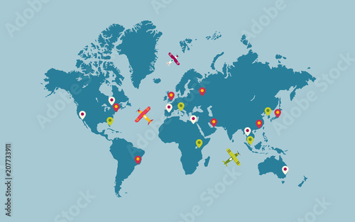 World map with map pointers and airplanes. Travel concept. Vector illustration.