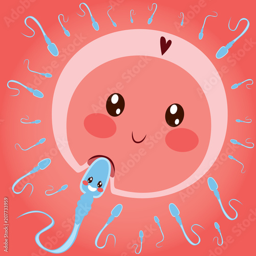 Cute success winner sperm character entering happy egg cell in love