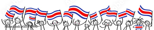 Cheering crowd of happy stick figures with Costa Rican national flags, smiling Costa Rica supporters, sports fans isolated on white background