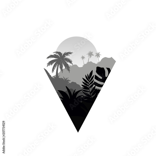 Tropical scenery with palm trees, mountains and sun, monochrome landscape in geometric shape design vector Illustration on a white background
