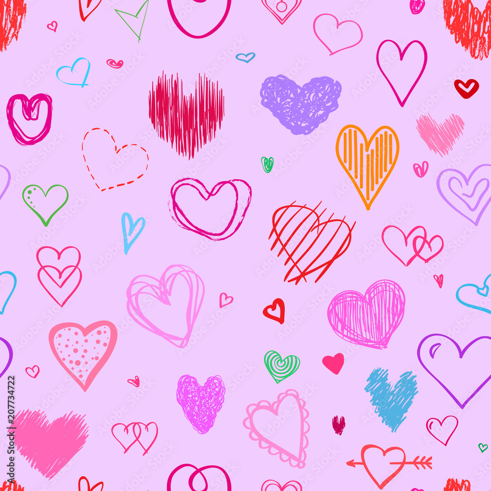 Seamless background with colored hearts. Abstract wallpaper. Hand drawn big and small love signs. Collection. Line art. Print for polygraphy, posters, t-shirts and textiles