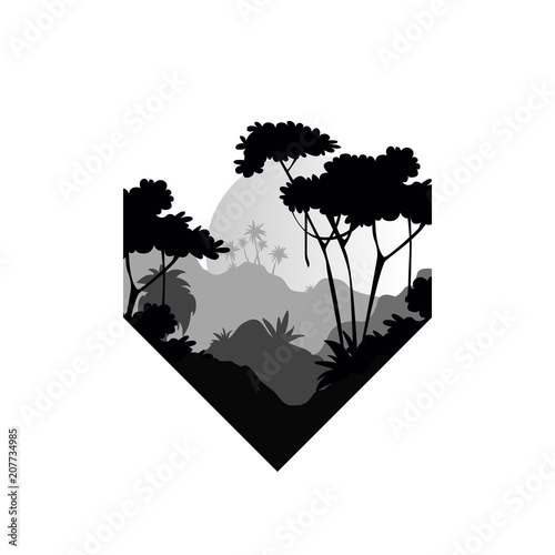 Beautiful tropical scenery with rainforest, mountains and sun, monochrome landscape in geometric shape design vector Illustration on a white background