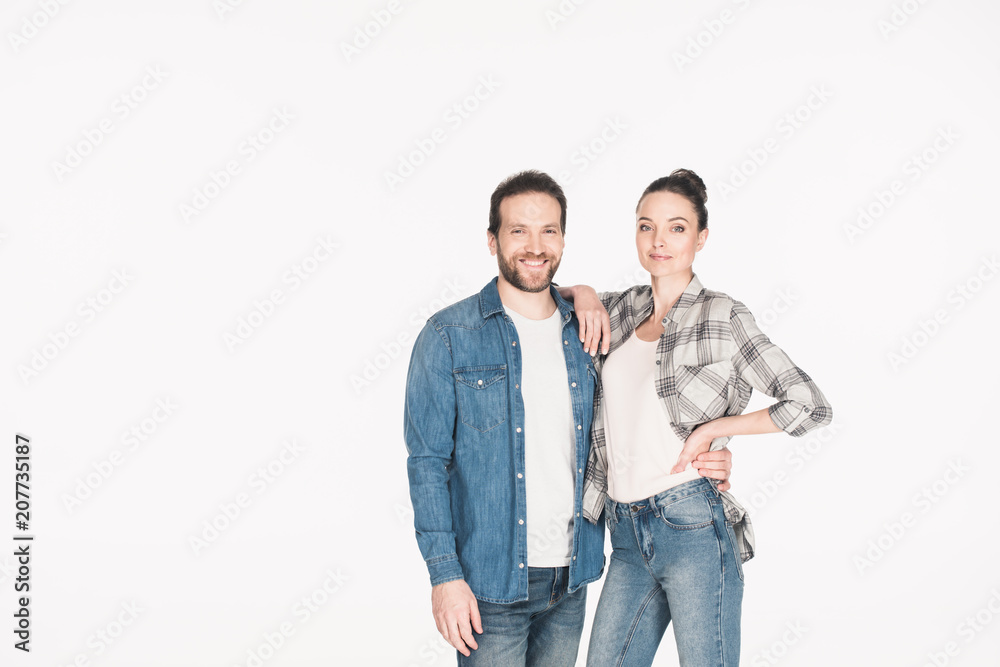 portrait of happy couple looking at camera isolated on white portrait of happy couple looking at camera isolated on white
