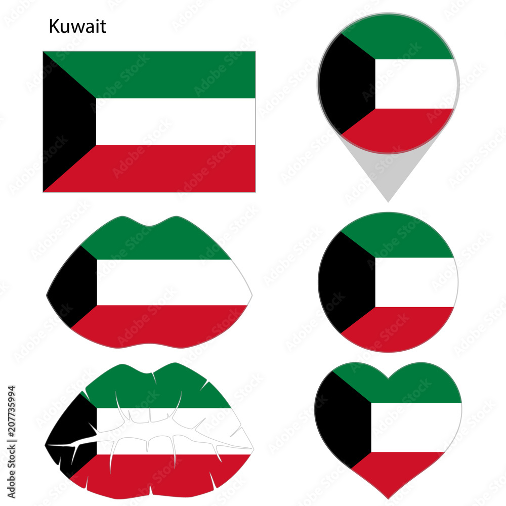 Flag of Kuwait, set. Correct proportions, lips, imprint of kiss, map pointer, heart, icon. Abstract concept. Vector illustration on white background. Flag of Kuwait, set. Correct proportions, lips, imprint of kiss, map pointer, heart, icon. Abstract concept. Vector illustration on white background.