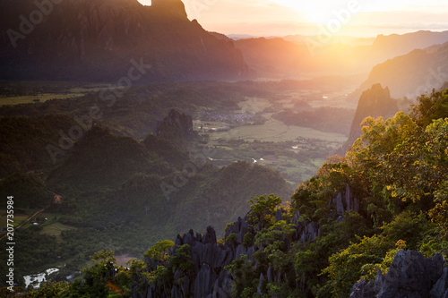 Panorama Top view of  Beautiful Forest landscape of Sunrise with mist  Mountains landscape,Vang Vieng,Laos © golfnmd50