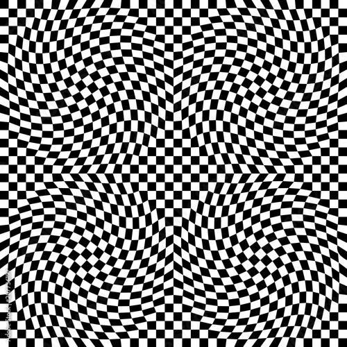 Abstract vector seamless moire pattern with checkerboard. Monochrome black and white ornament