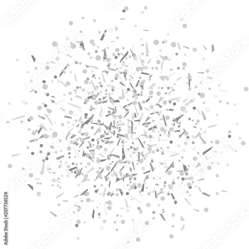 Explosion. Texture with silver geometric elements on white. Geometric background with confetti. Pattern for design. Print for banners, posters, flyers and textiles. Greeting cards
