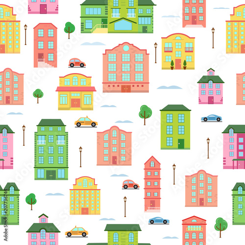 Modern urban vector city buildings and transport seamless pattern megapolice ...