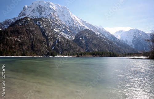 alpine lake called Predil Lake Northern Italy with long expositi