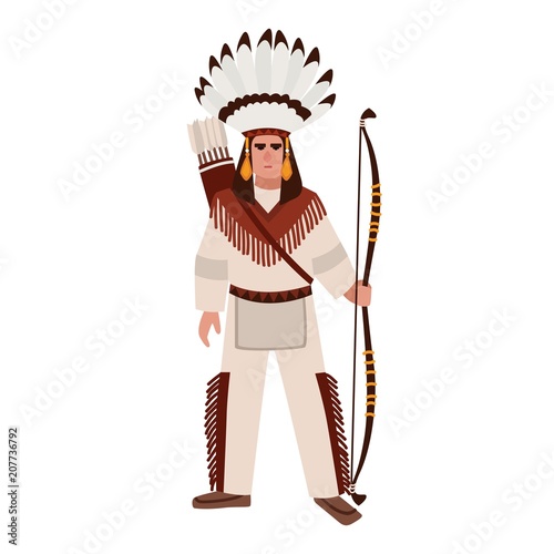 American Indian man or warrior wearing war bonnet and ethnic tribal clothes and holding bow. Indigenous peoples of America. Male cartoon character isolated on white background. Vector illustration.