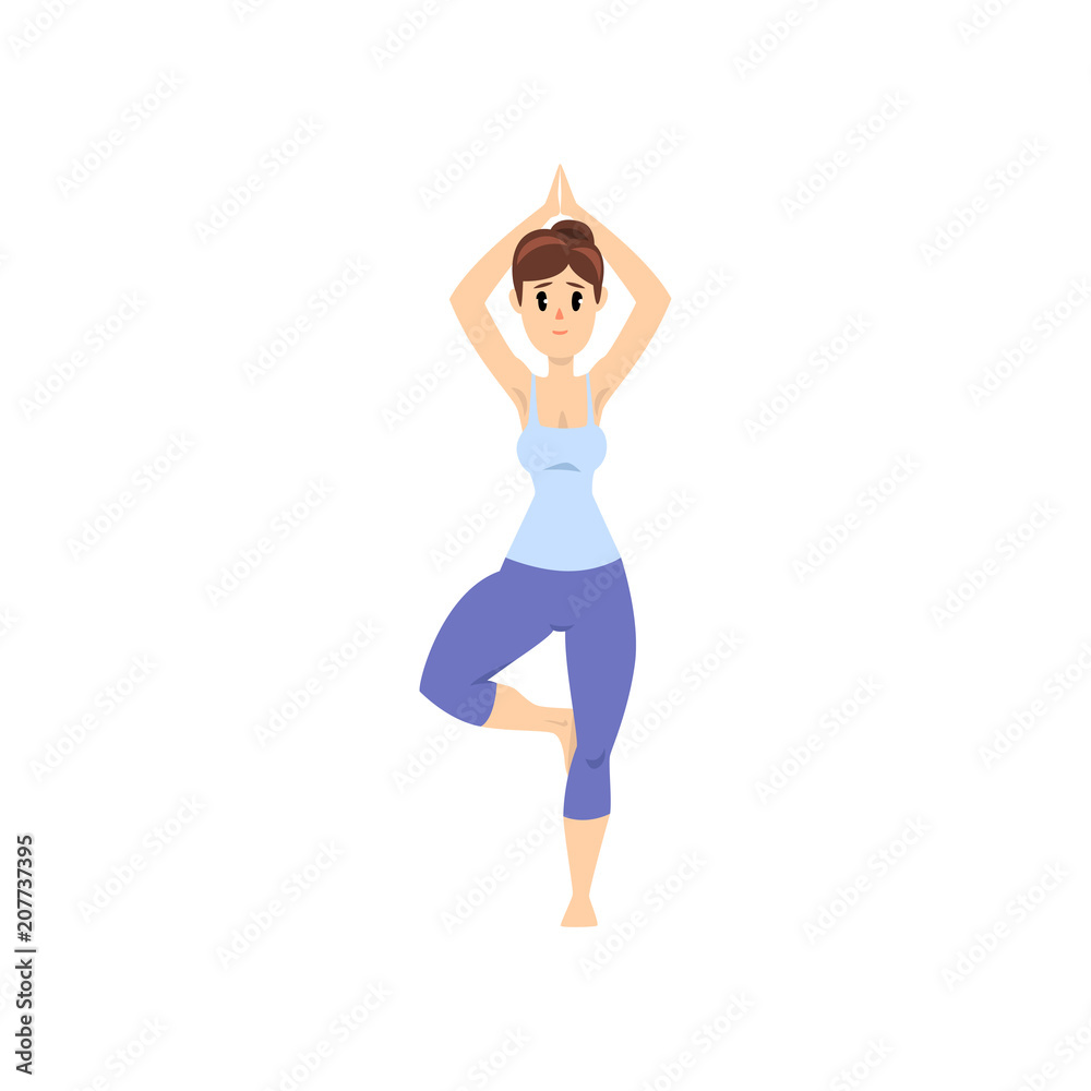 Fototapeta premium Beautiful woman standing in tree pose, girl practicing yoga vector Illustration on a white background