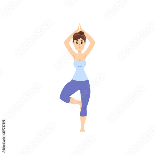 Beautiful woman standing in tree pose, girl practicing yoga vector Illustration on a white background