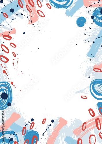 Creative vertical backdrop decorated with pink and blue paint stains, round spots and brush strokes on white background. Hand painted frame or border. Artistic vector illustration in modern style.