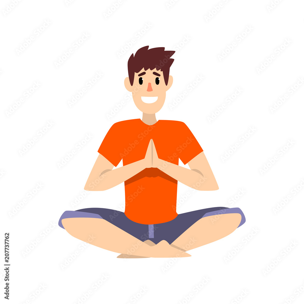 Man sitting in salutation lotus pose, young man practicing yoga vector Illustration on a white background Man sitting in salutation lotus pose, young man practicing yoga vector Illustration on a white background