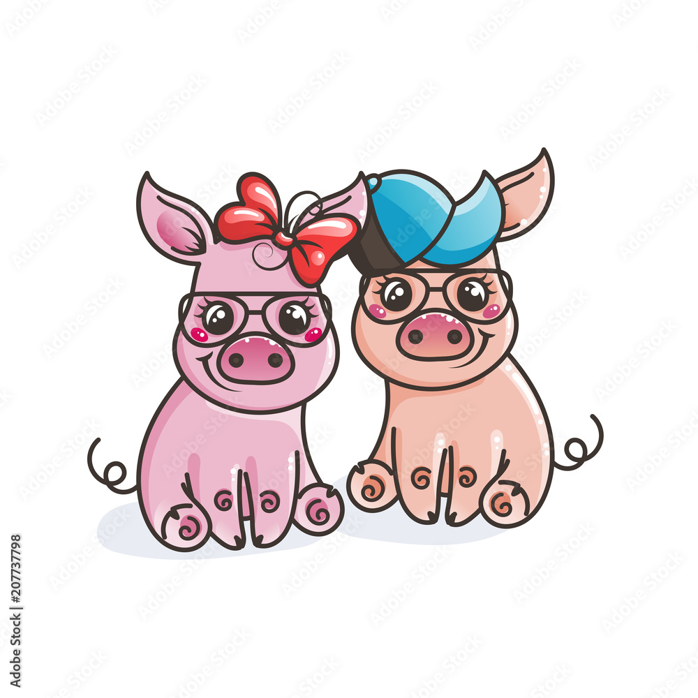 Cute cartoon baby pigs in a cool sunglasses