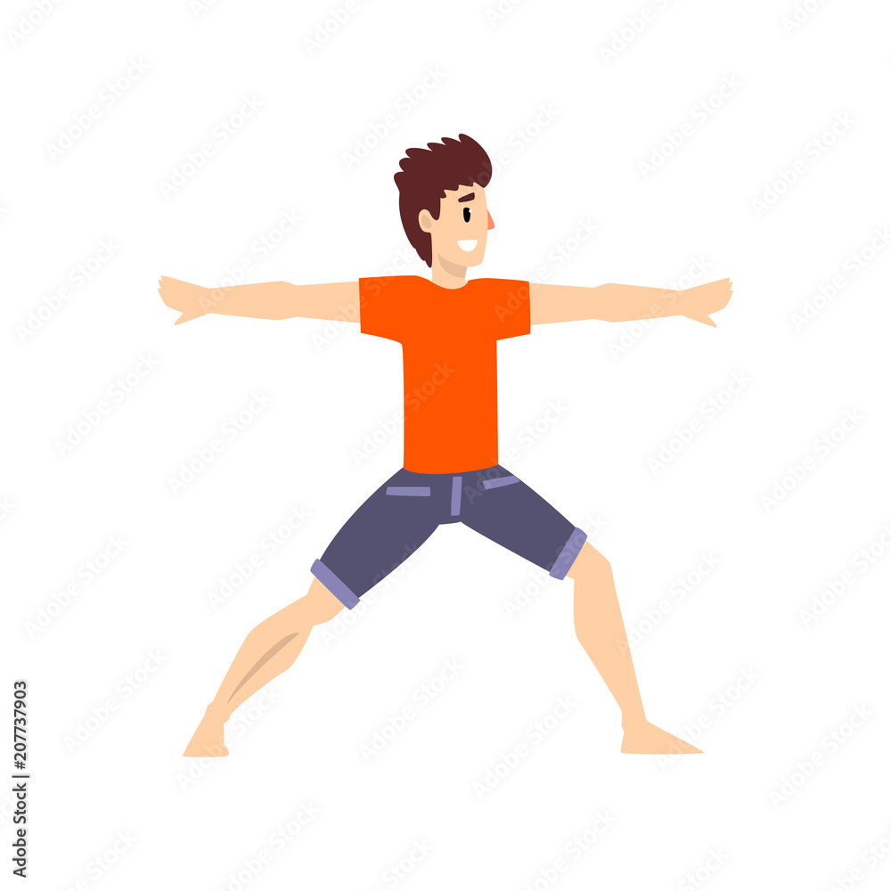 Man in virbhadrasana pose, young man practicing yoga vector Illustration on a white background