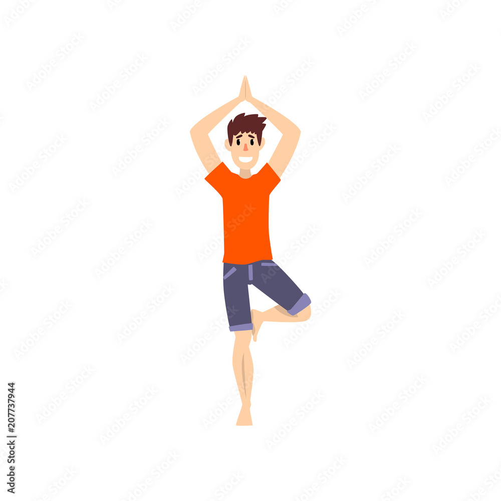 Man in tree pose, young man practicing yoga vector Illustration on a white background Man in tree pose, young man practicing yoga vector Illustration on a white background