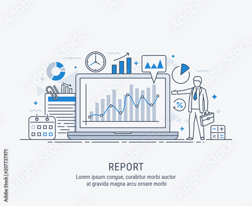 A manager reporting marketing the show graphs, on laptop display. Reporting concept. Vector modern thin line illustration.