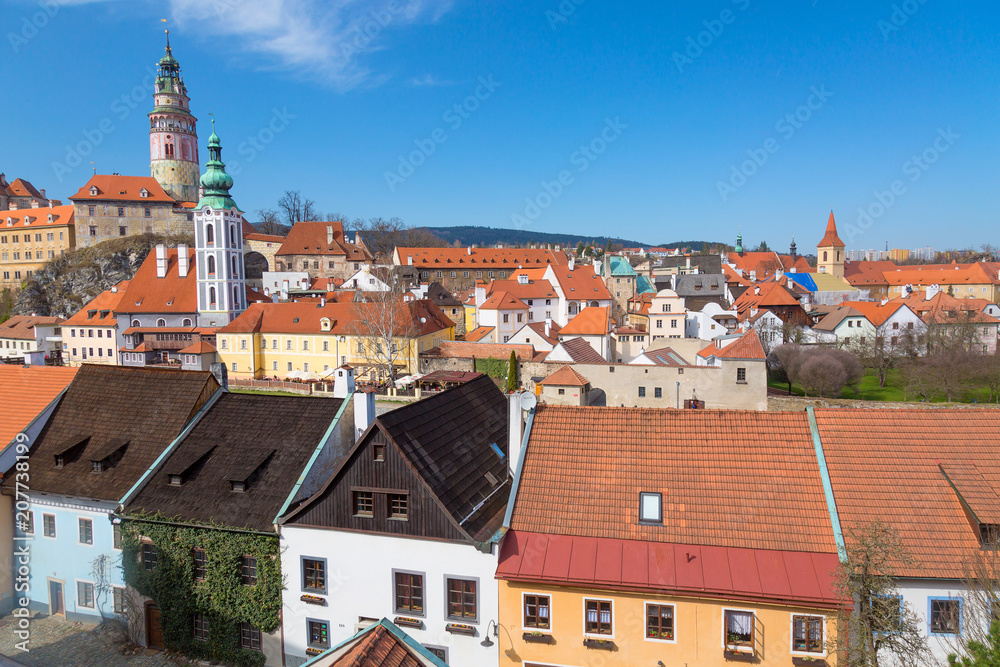 Panorama of the old Town of Cesky Krumlov in South Bohemia, Czech Republic with blue sky. UNESCO World heritage Site and famous place for tourism