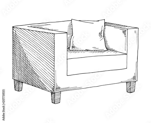 Hand drawn a soft chair with a pillow. Vector illustration in sketch style