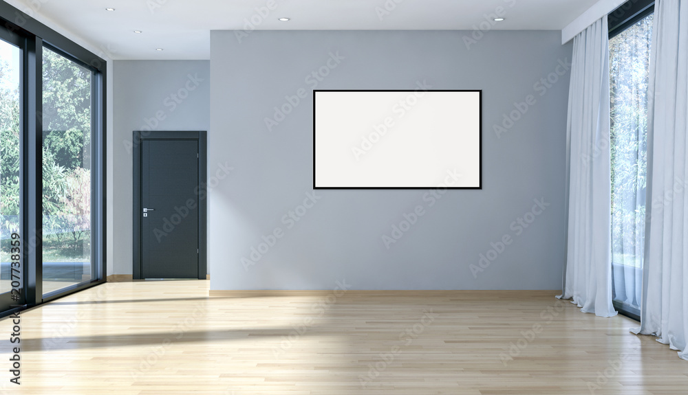 Modern bright interiors empty room with mockup poster frame 3D rendering illustration Modern bright interiors empty room with mockup poster frame 3D rendering illustration