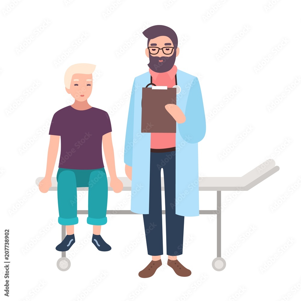 Doctor or medical adviser and his little patient sitting on hospital bed isolated on white background. Boy at pediatrician's office, clinic or hospital. Cartoon vector illustration in flat style.