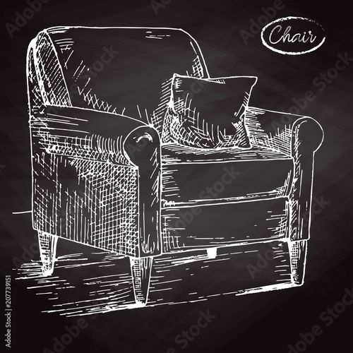 Hand drawn a soft chair with a pillow. Vector illustration in sketch style.