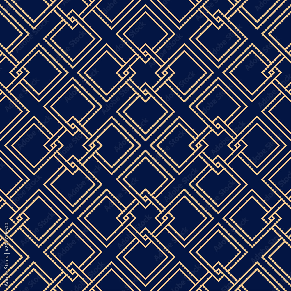 Fototapeta premium Golden blue geometric ornament. Seamless pattern