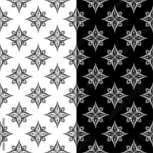 Black and white floral seamless patterns. Set of backgrounds