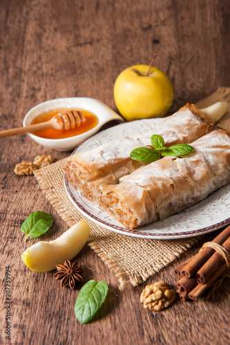 Traditional puff pastry strudel with apple