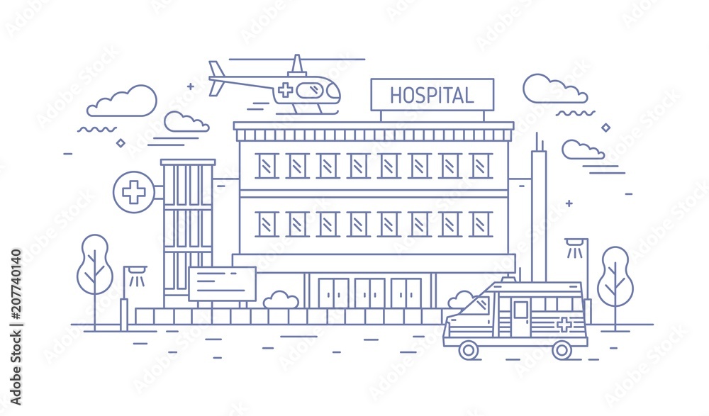 Hospital, clinic or medical center building with helicopter landing on top of it and ambulance drawn with contour lines on white background. Monochrome vector illustration in modern lineart style.