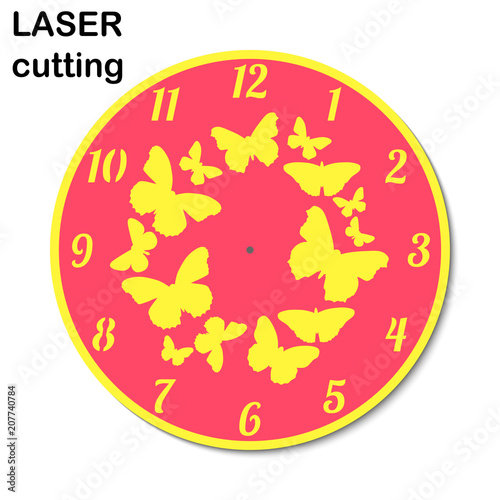 Laser cut clock with butterflies for interior. Template laser cutting machine for wood and metal